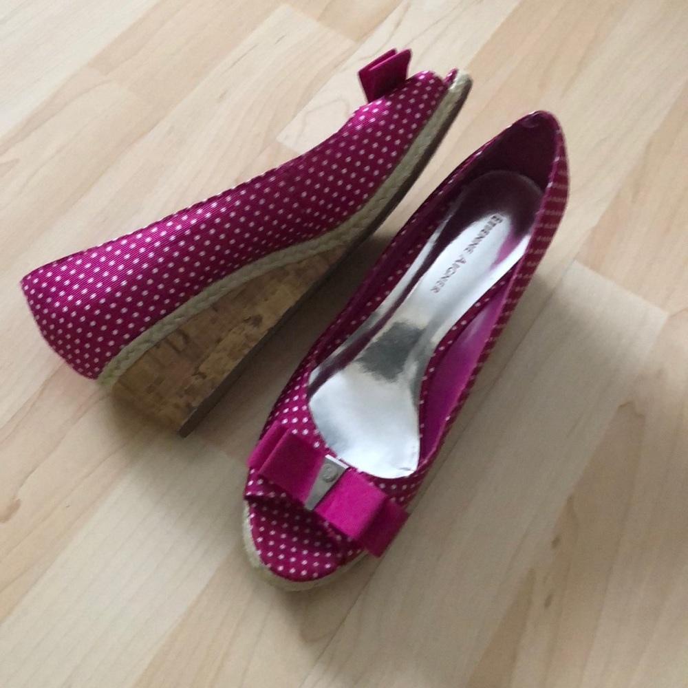 Fuschia and Polka Dot Peep-Toe Wedge Sandals